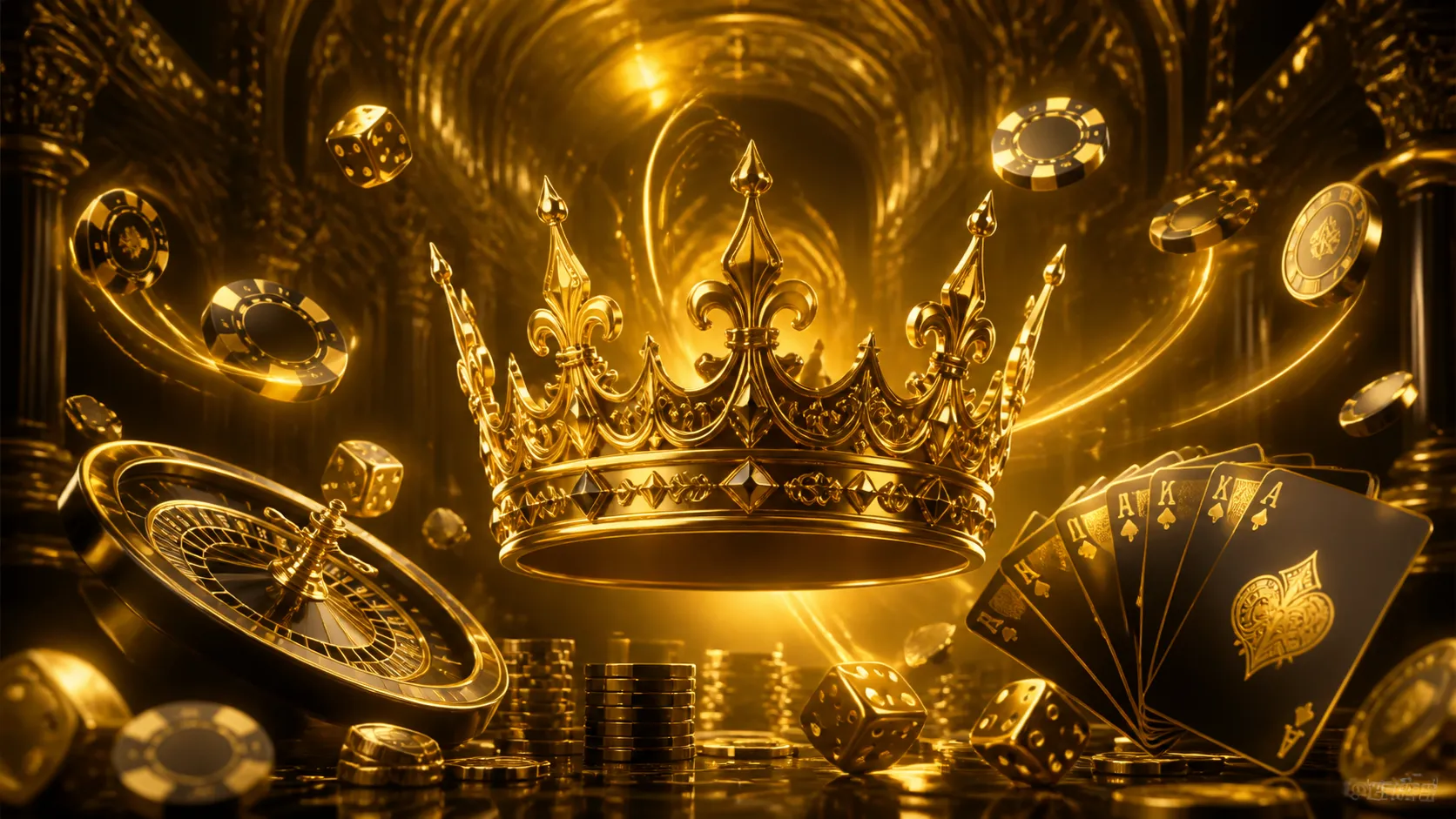 Luxurious Kingia themed image with floating poker chips, diamonds, and neon accents in a premium casino setting.
