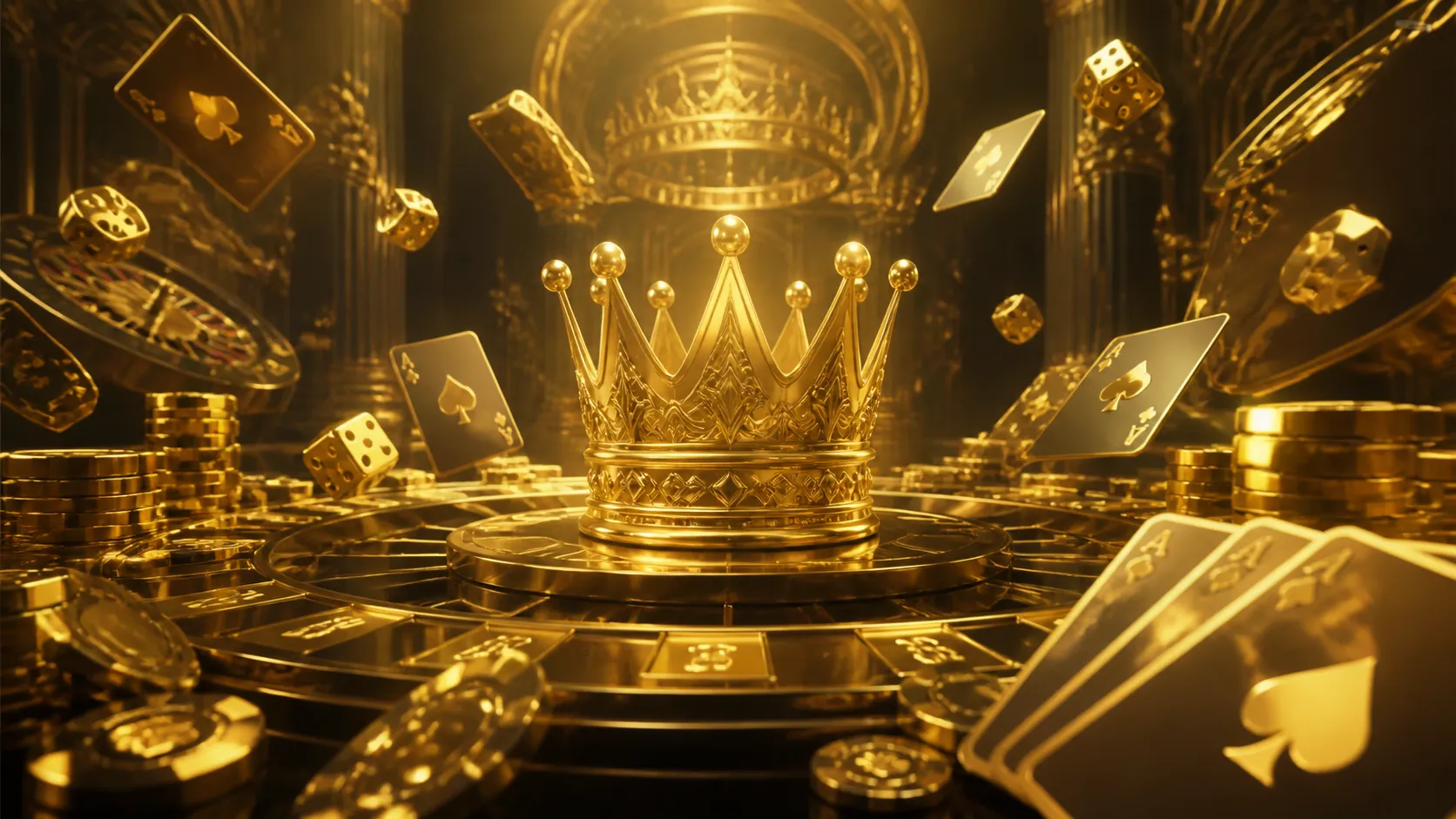 A luxurious casino hero banner for Kingia featuring stacked poker chips and a spinning roulette wheel.